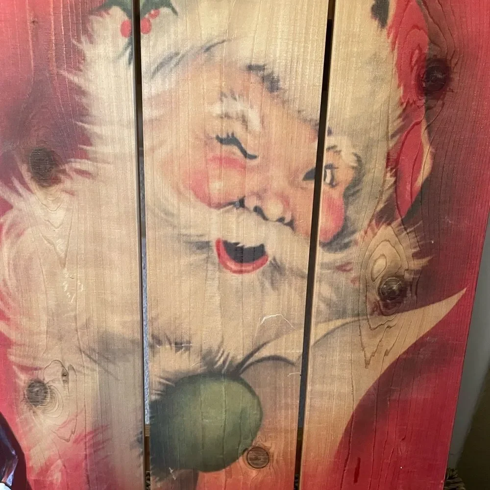 Large Hanging Santa Print on Wooden Boards & Carved Santa with 6 Glitter Picks